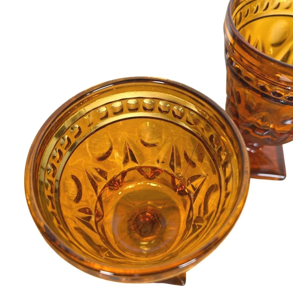 Indiana Glass Amber Goblets Thumbprint Diamond Point Square Base Set/2 VTG